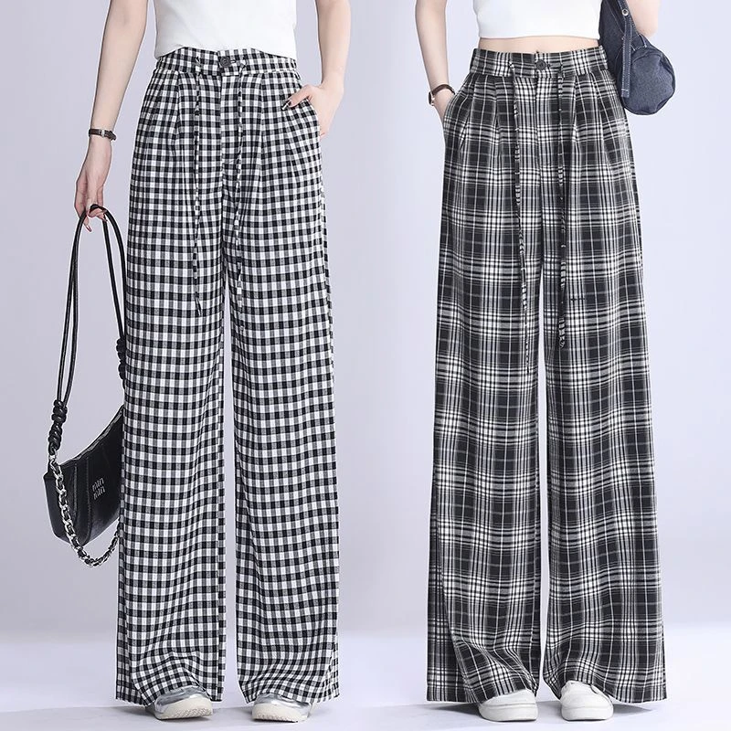 松紧腰格子休闲阔腿裤女春夏新款慵懒松弛感显瘦垂感直筒拖地裤子