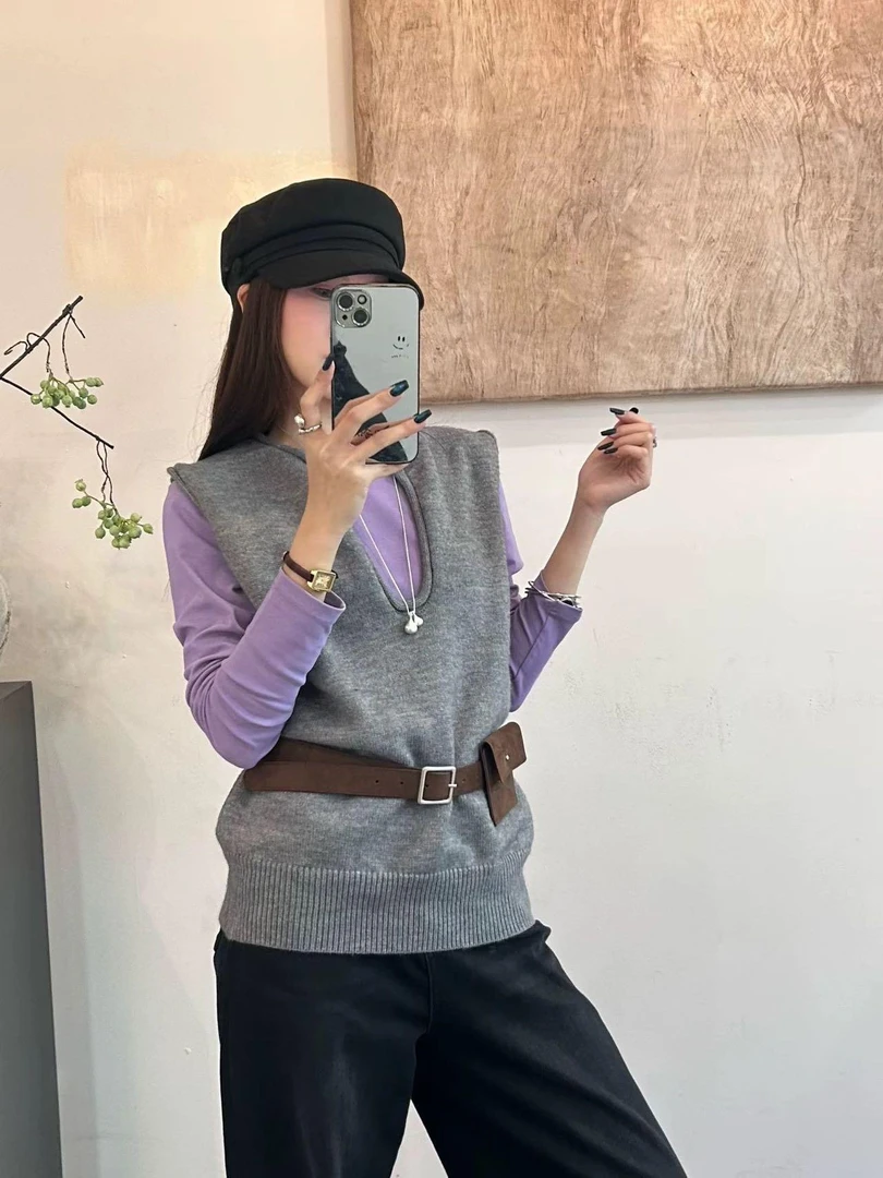 新款韩系针织衫无袖马甲长袖两件套衬衫15733