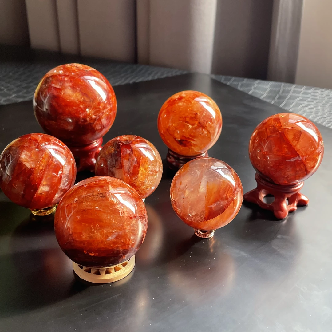 一物一图 天然红胶花水晶球摆件原石原矿切割打磨送底座
