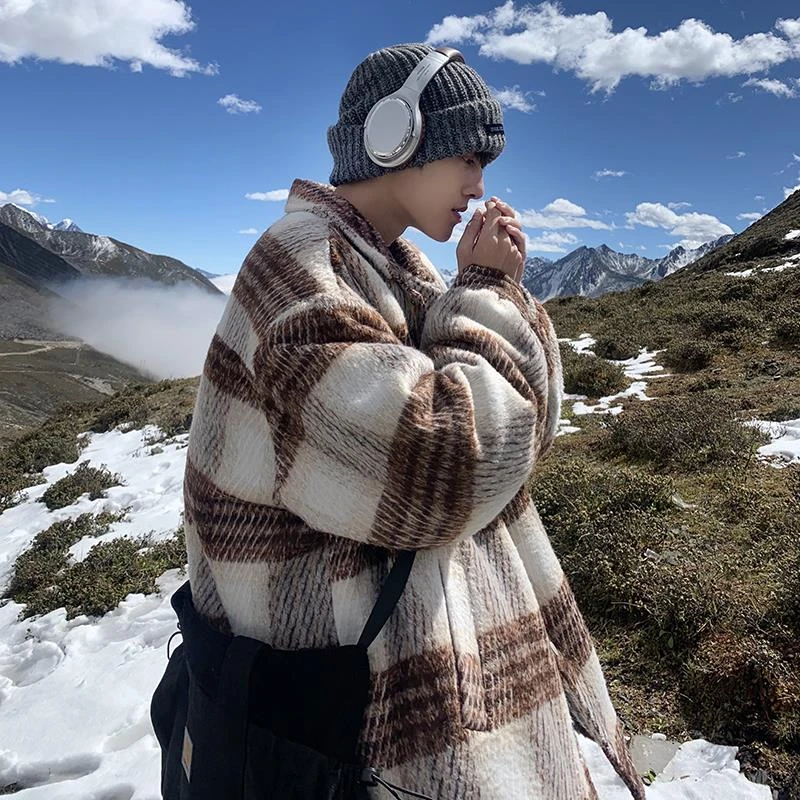 毛呢大衣男士秋冬季美式复古格子翻领夹克高级感痞帅时尚加厚上衣