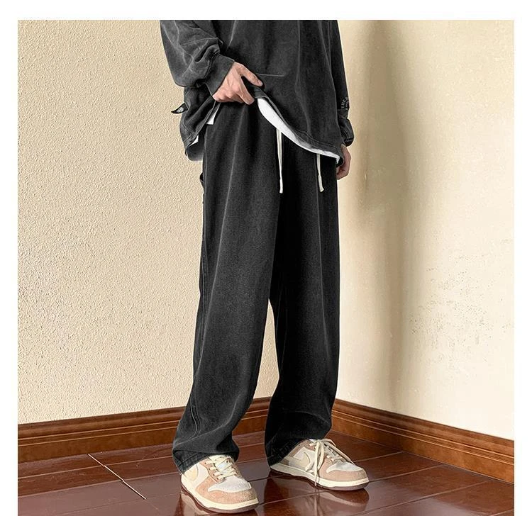 【无界国潮】潮流秋季黑灰抽绳直筒牛仔裤百搭水洗男士长裤夏季