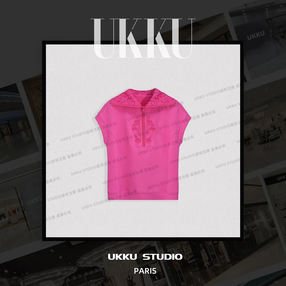 【UKKU SKUDIO】王 小众纯色设计感蕾丝披肩领短袖显瘦上衣614328