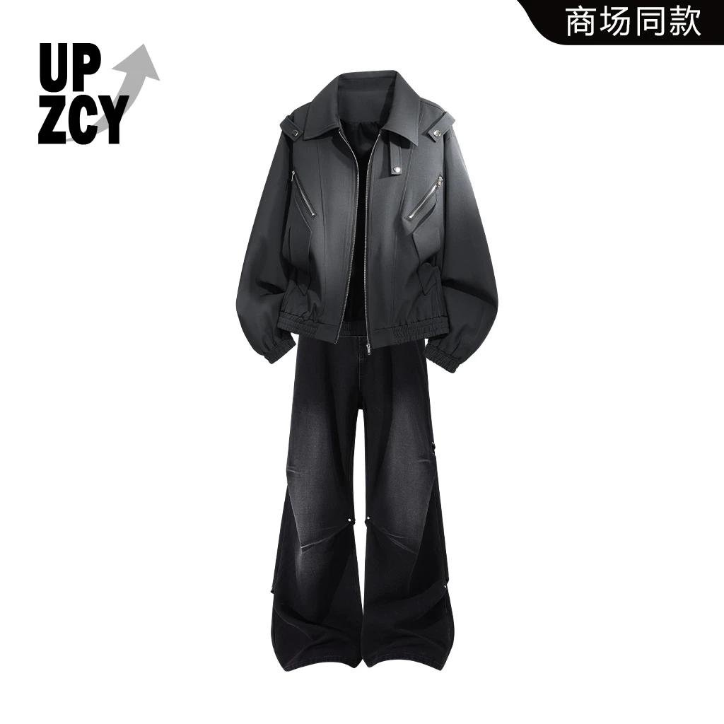 UPZCY美式痞帅夹克套装男秋冬宽松潮流休闲解构设计感褶皱牛仔裤