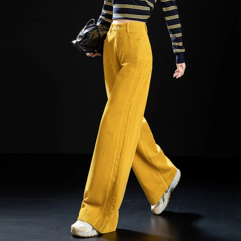 时尚灯芯绒裤子女2025新款秋冬黄色条绒直筒裤休闲女裤高腰阔腿裤