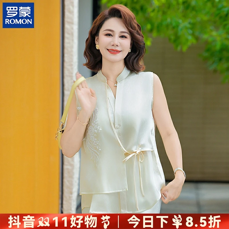 罗蒙妈妈时尚薄款上衣新款中年新中式纯色小衫中老年女士无袖衣服