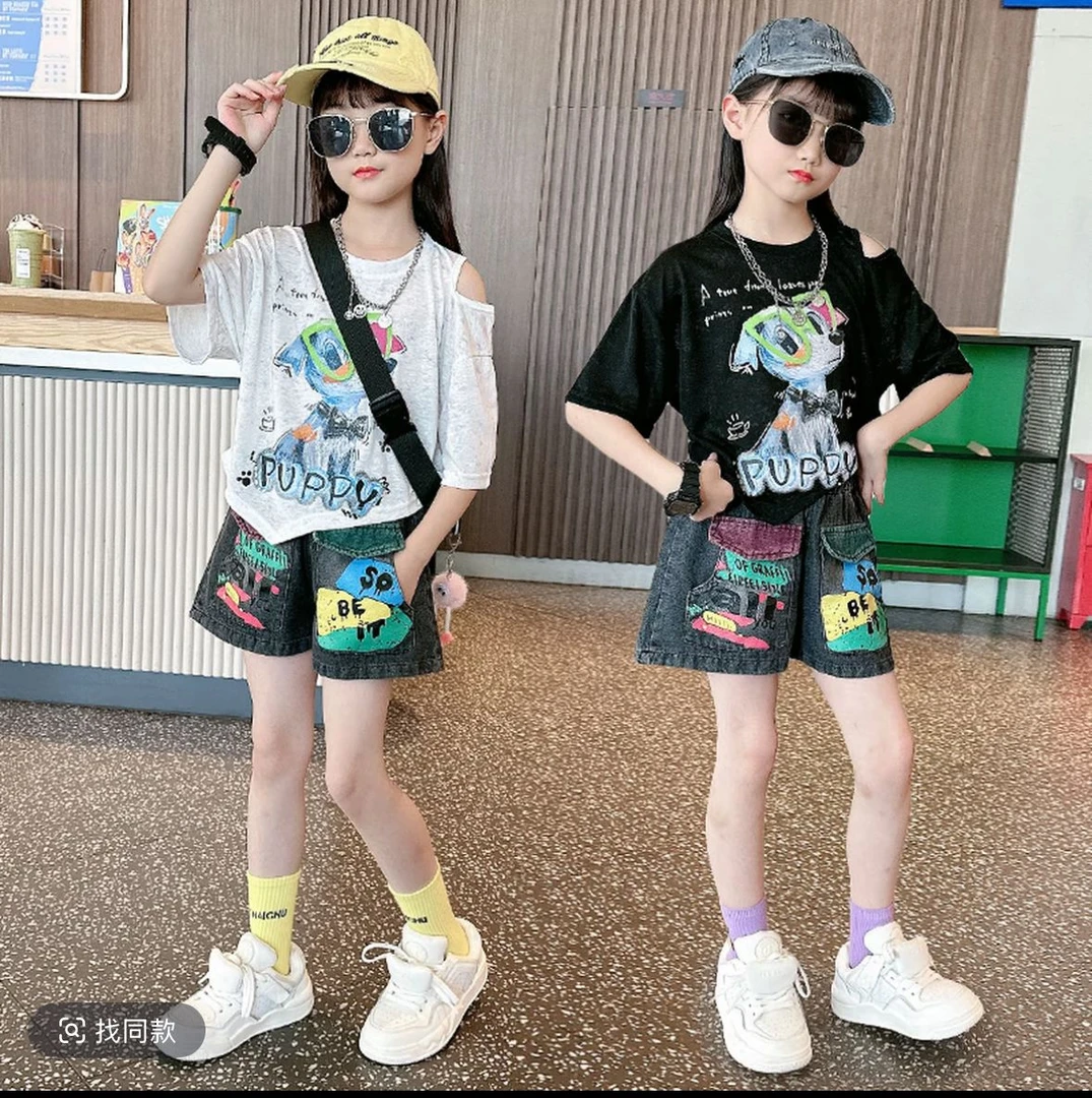 女童夏季套装2025新款时髦儿童牛仔短裤潮短袖两件套小女孩酷夏装