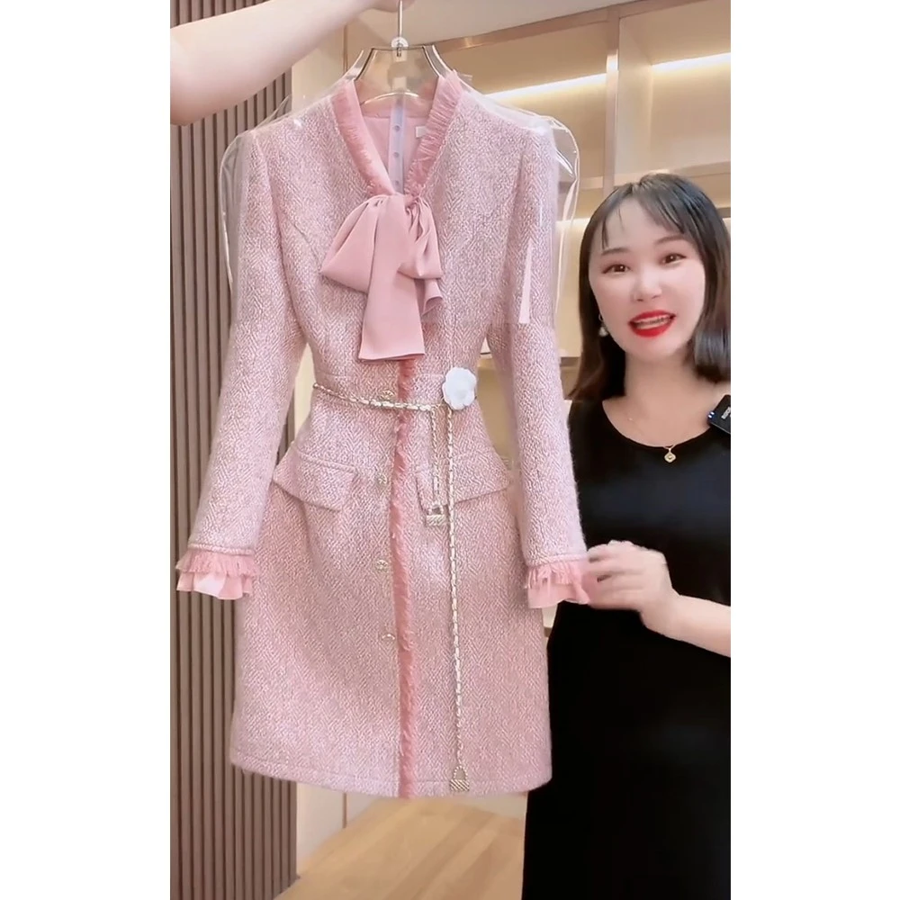 正式场合气质裙子轻奢高级感洋气高贵小个子法式粉色长袖连衣裙秋