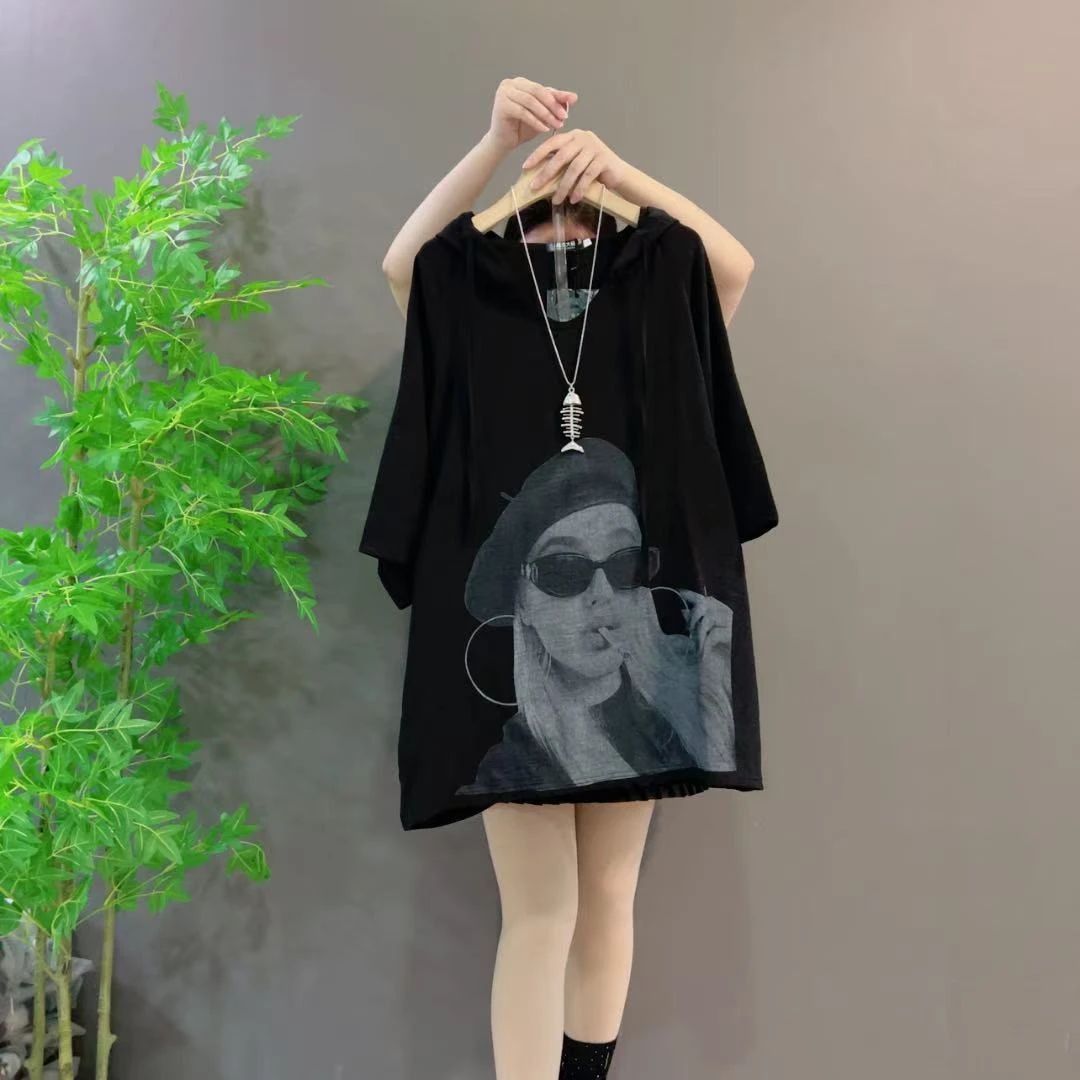 8811时尚连帽印花中长款宽松短袖大码T恤设计感休闲显瘦