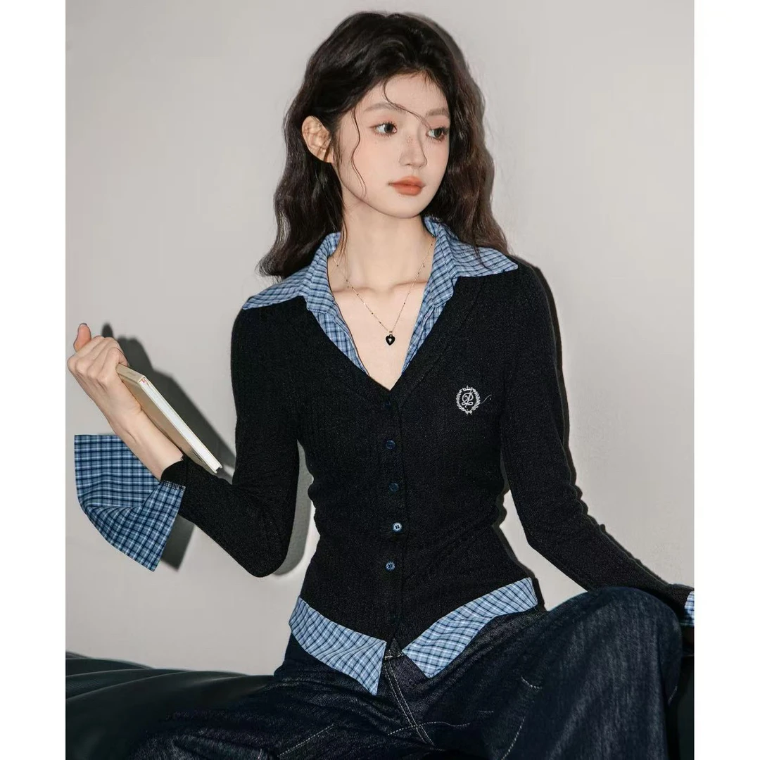 【现货秒发】假两件正肩长袖t恤女修身polo领打底衫独特小秋T恤