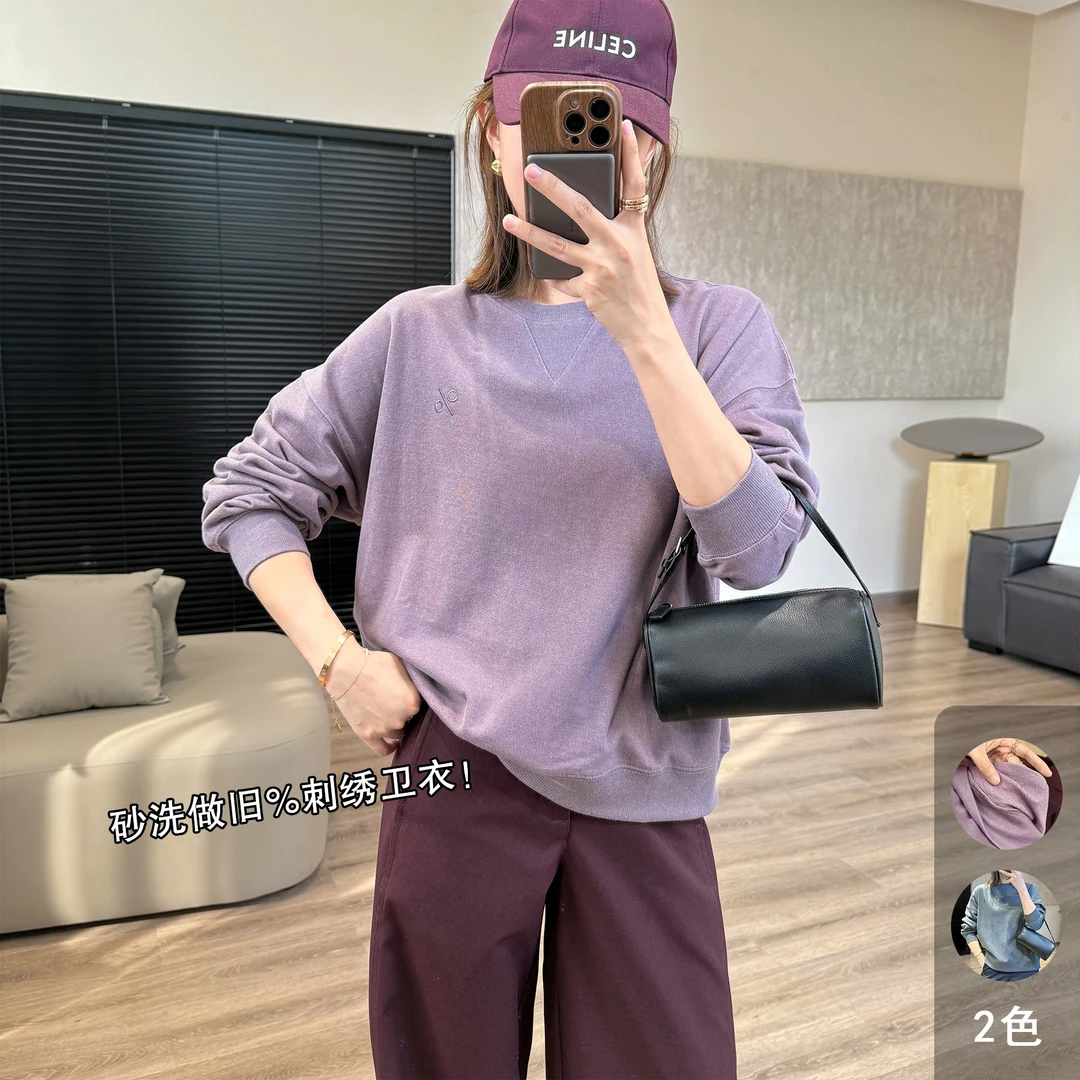 靓小靓【圈棉卫衣】灰紫色做旧砂洗毛简约刺绣圆领套头宽松休闲上衣