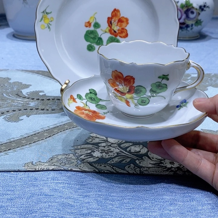 瓷片梅森二等花卉咖啡杯一杯两碟