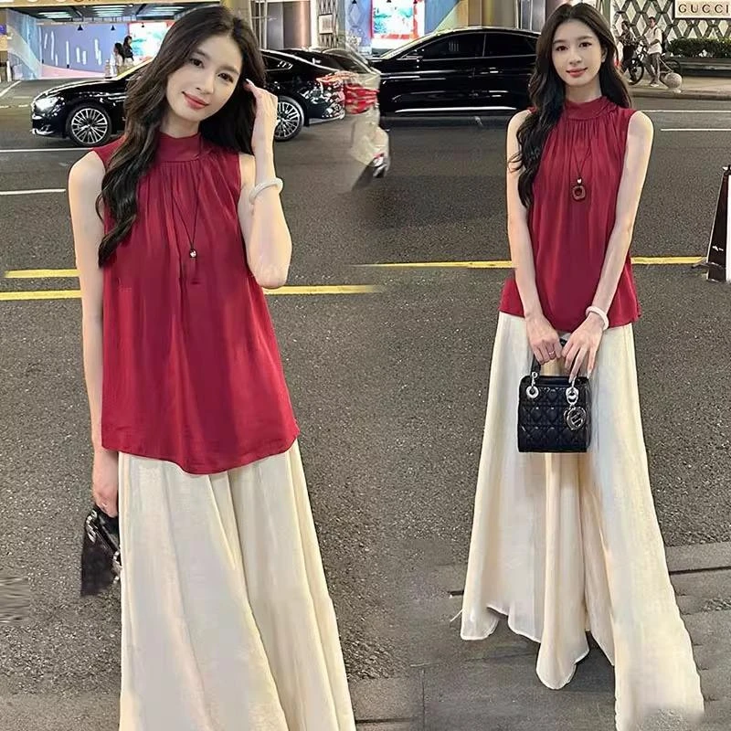 2025夏季新款洋气显瘦时尚套装女设计感无袖上衣阔腿裤气质两件套