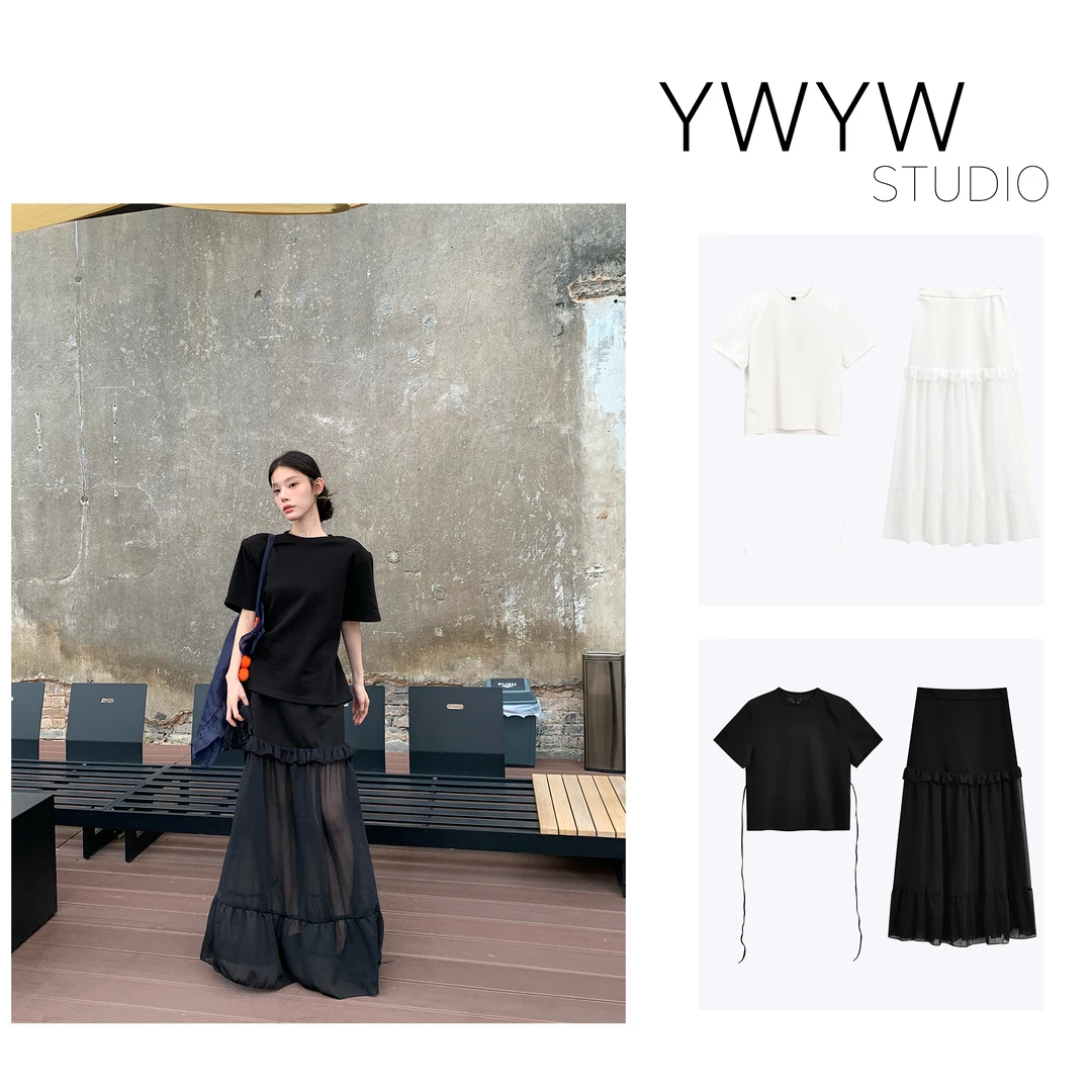 【YWYW25S/S】夏季纯色宽松飘带T恤+修身弹力半身镂空裙套装5127