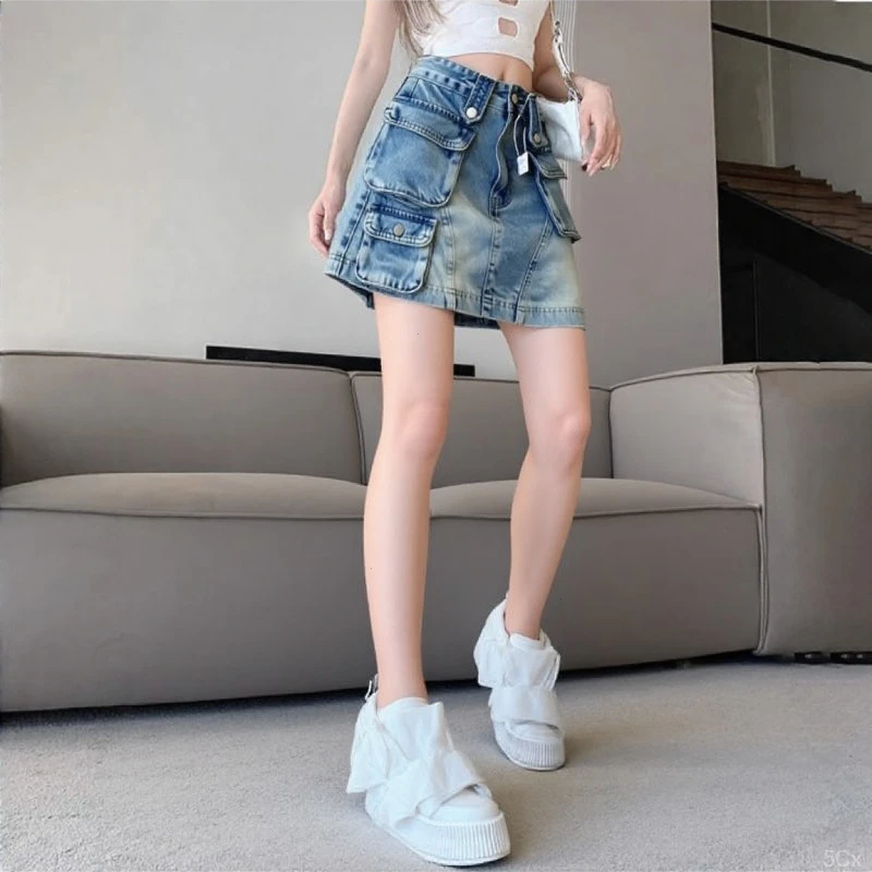美式复古辣妹多口袋立体工装牛仔短裙女2025夏季新款高腰显瘦国风