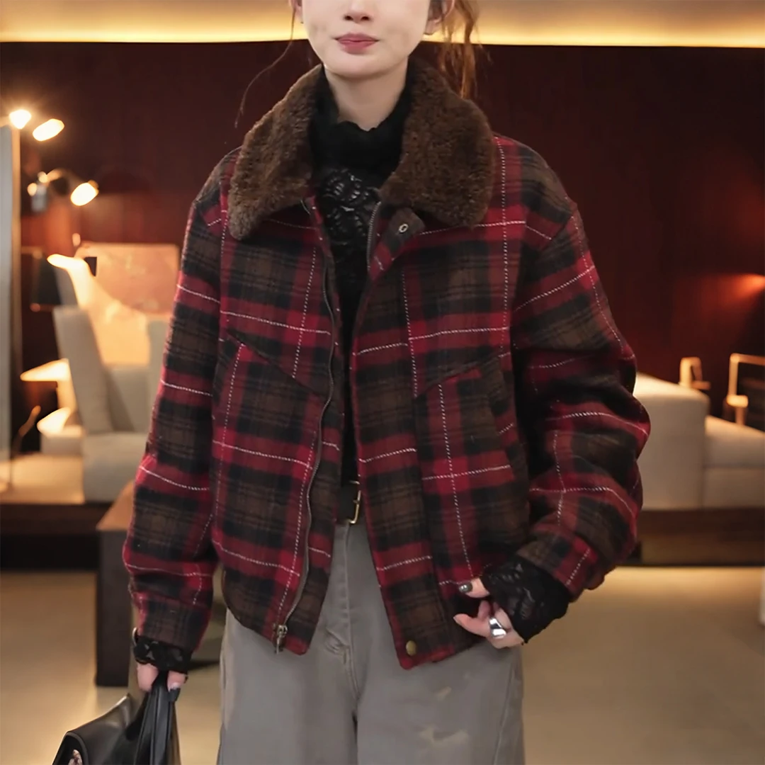时尚复古格子毛领外套女2025秋冬新款设计感派克服气质百搭上衣潮