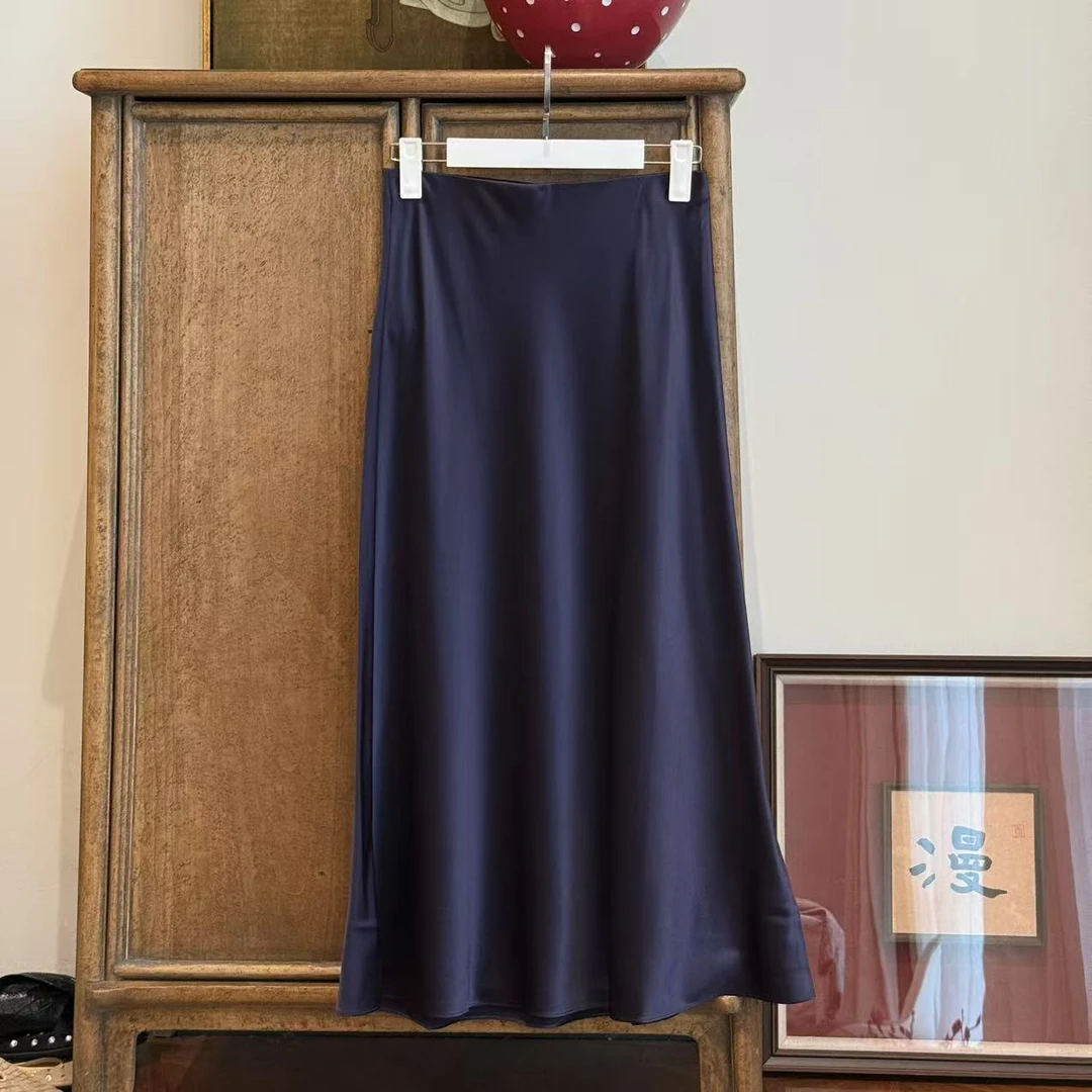 MYL2025春夏新品桑蚕丝混纺紫色半身裙中腰A摆中长款休闲半裙