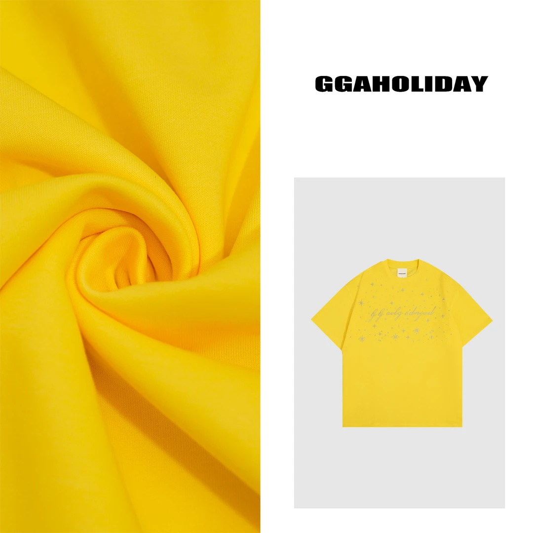 GGAHOLIDAY夏季休闲宽松潮流复古时尚黄色圆领钉珠短袖T恤-152532