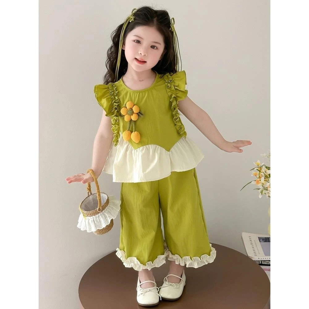 范哲萨女童夏季2025新款洋气时髦儿童好看夏装女宝宝拼色花边两件