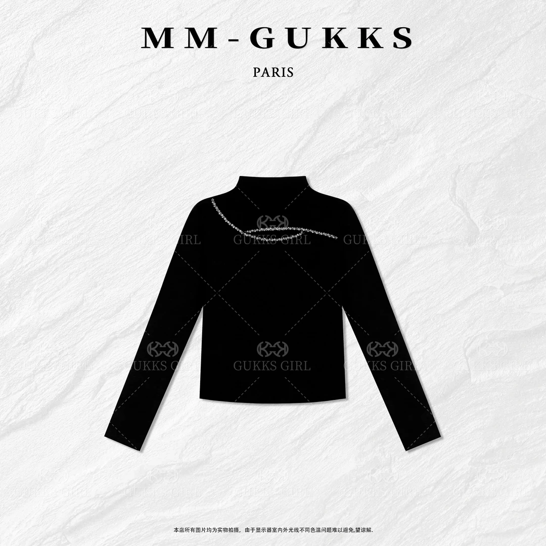 明明GUKKS『质感百搭』法式半高领小香风高定镶钻纯色百搭打底衫T恤