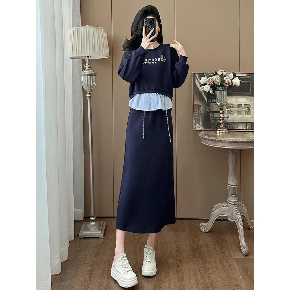 休闲时尚套装裙女春季2025新款显瘦减龄假两件卫衣半身裙两件套装