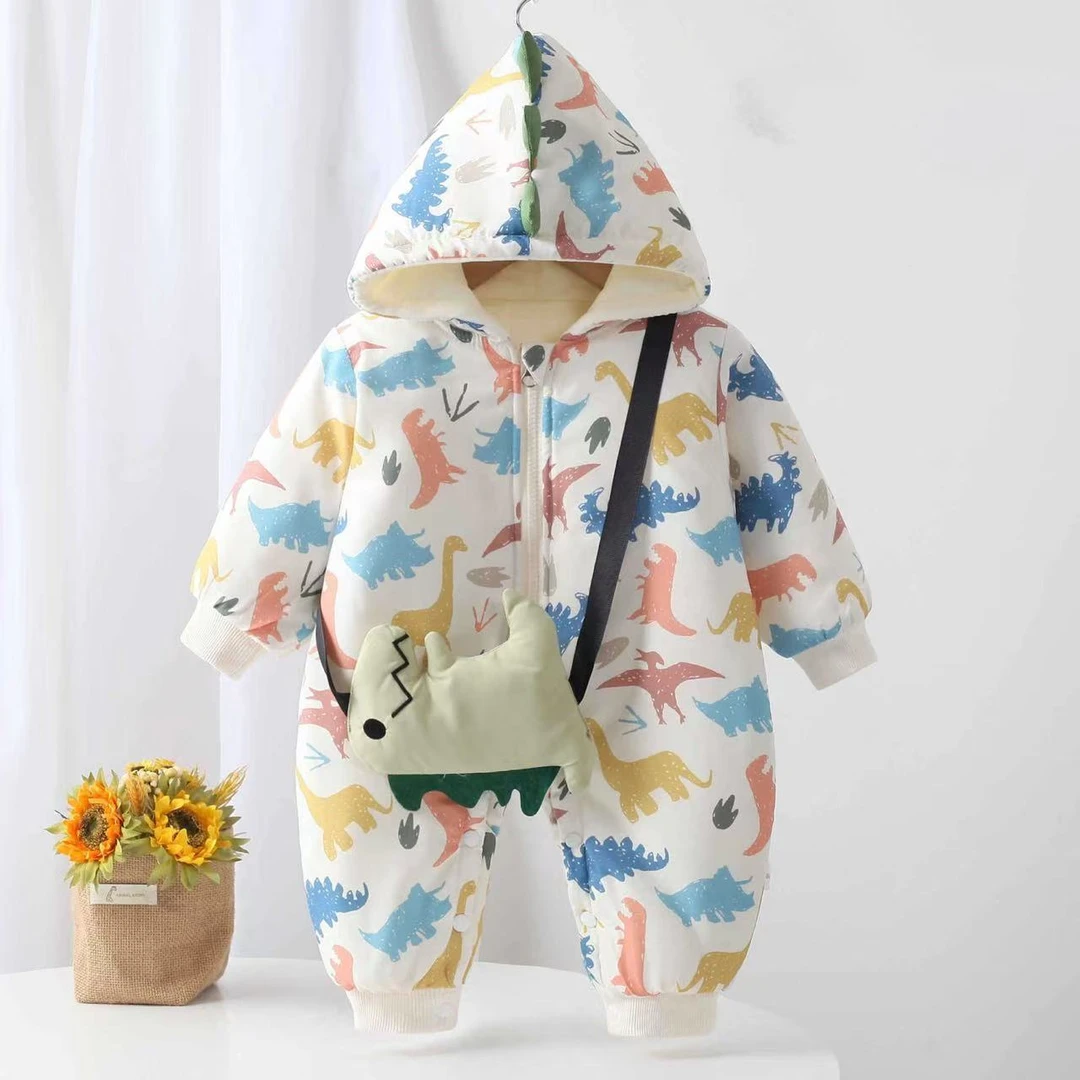 宝宝冬季新款新生儿卡通哈衣加绒婴幼儿可爱超萌外出连体爬服