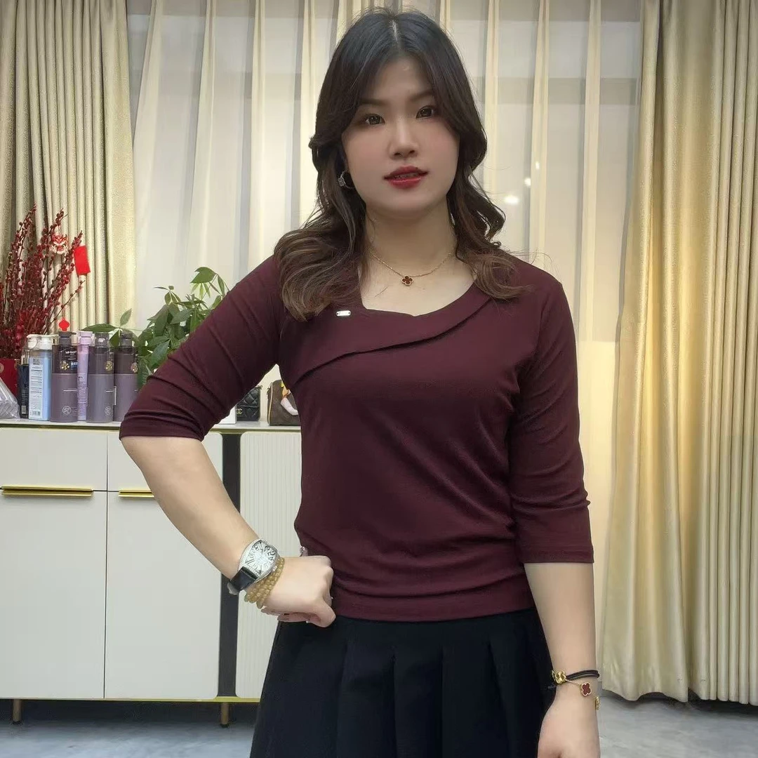 小鑫肝@现货浮力斜领花边装饰气质百搭七分袖T恤 800