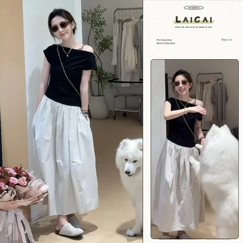 2025新款法式设计感拼接一字肩短袖连衣裙收腰显瘦洋气假两件