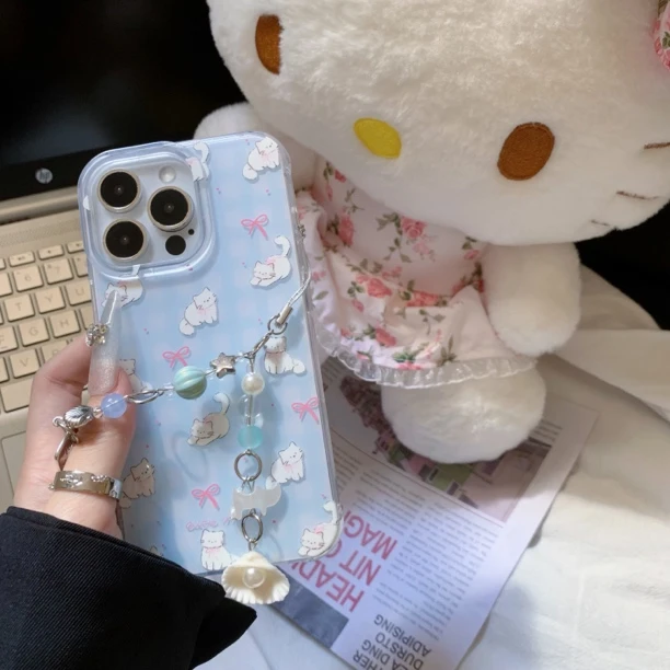 韩系夏日可爱格纹蝴蝶结猫咪适用苹果15pro手机壳16pm硅胶小众