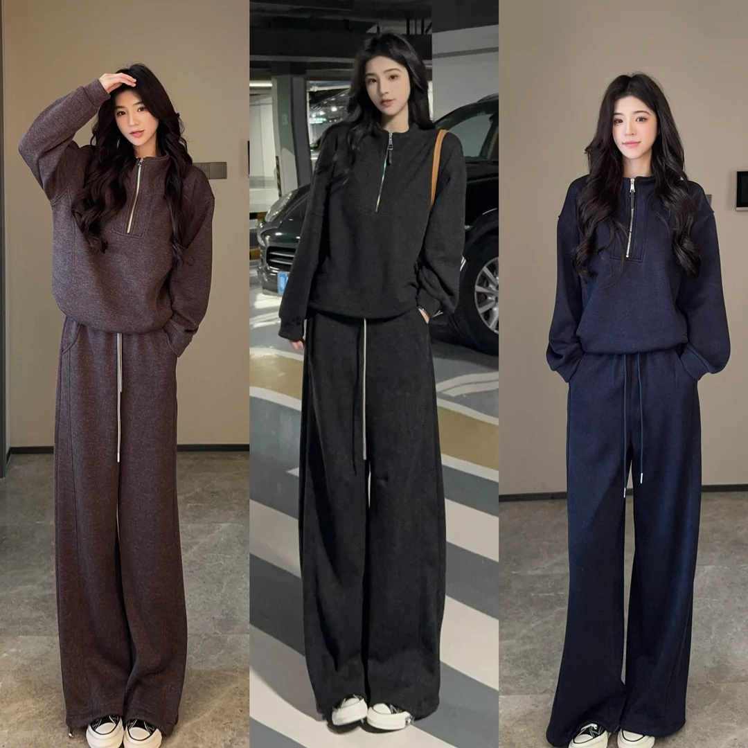 秋冬加绒加厚老钱风新款高领拉链卫衣两件套装上衣显瘦系带长裤