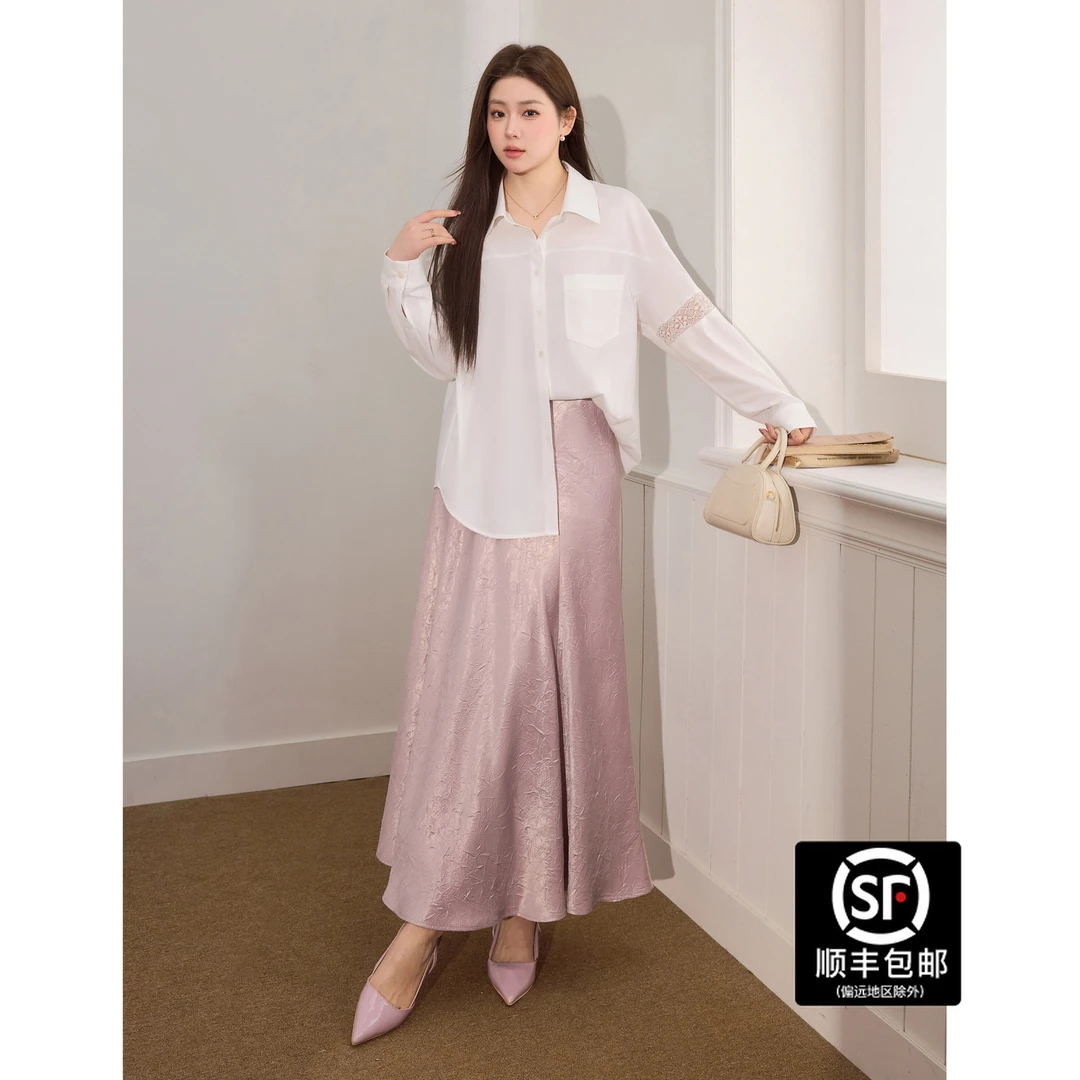 蓝语大码女装仿醋酸缎面高腰半身裙25秋冬新款显瘦遮胯优雅a字裙