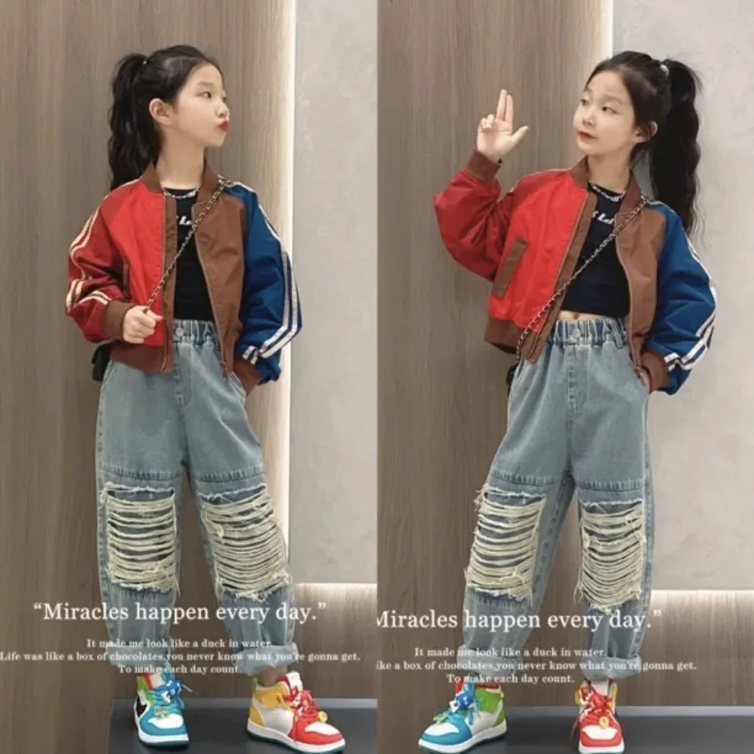女童秋套装2025新款女大童洋气棒球服外套儿童韩系牛仔裤秋装衣服