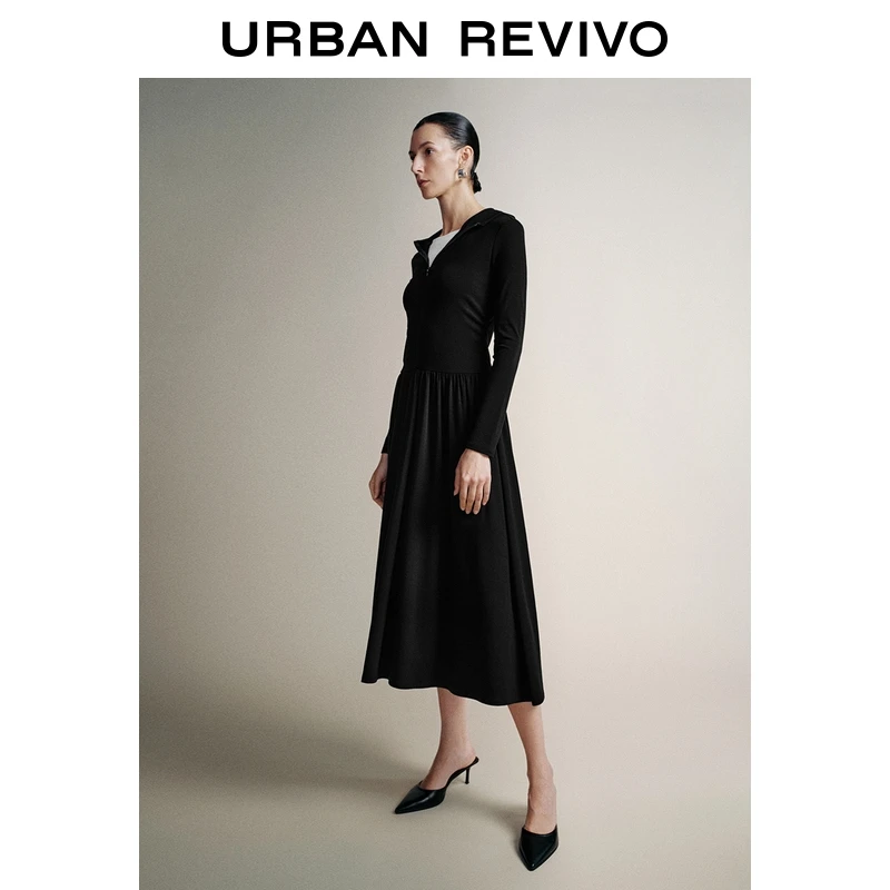 UR2025秋季新款女休闲撞色假两件连帽连衣裙UWH750118+