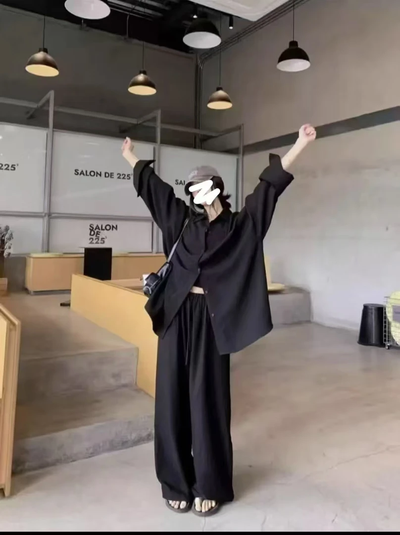 现货 慵懒风中长款长袖衬衫女春夏显瘦宽松休闲阔腿裤套装25126