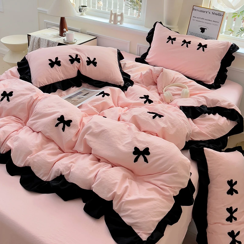 小香风蝴蝶结床上四件套非全棉纯棉床单人公主风宿舍三件套床品4