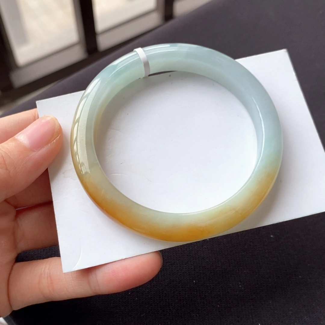 翡翠未镶嵌手镯53.1正圈半山水黄翡