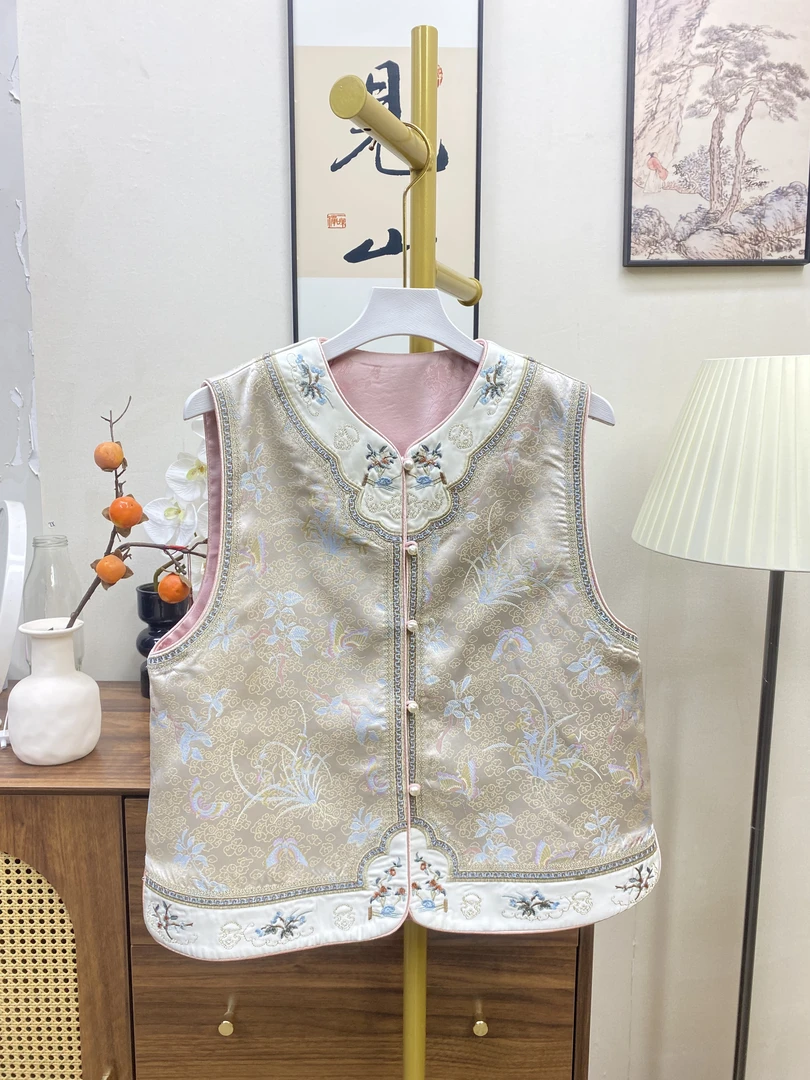 马夹拼接提花刺绣白色国风百搭时尚国风凤舞马甲女绣花复古