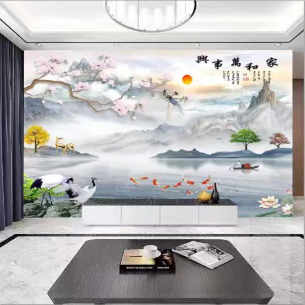 2025新款电视背景墙山水壁纸客厅沙发装饰壁画中式影视墙壁布