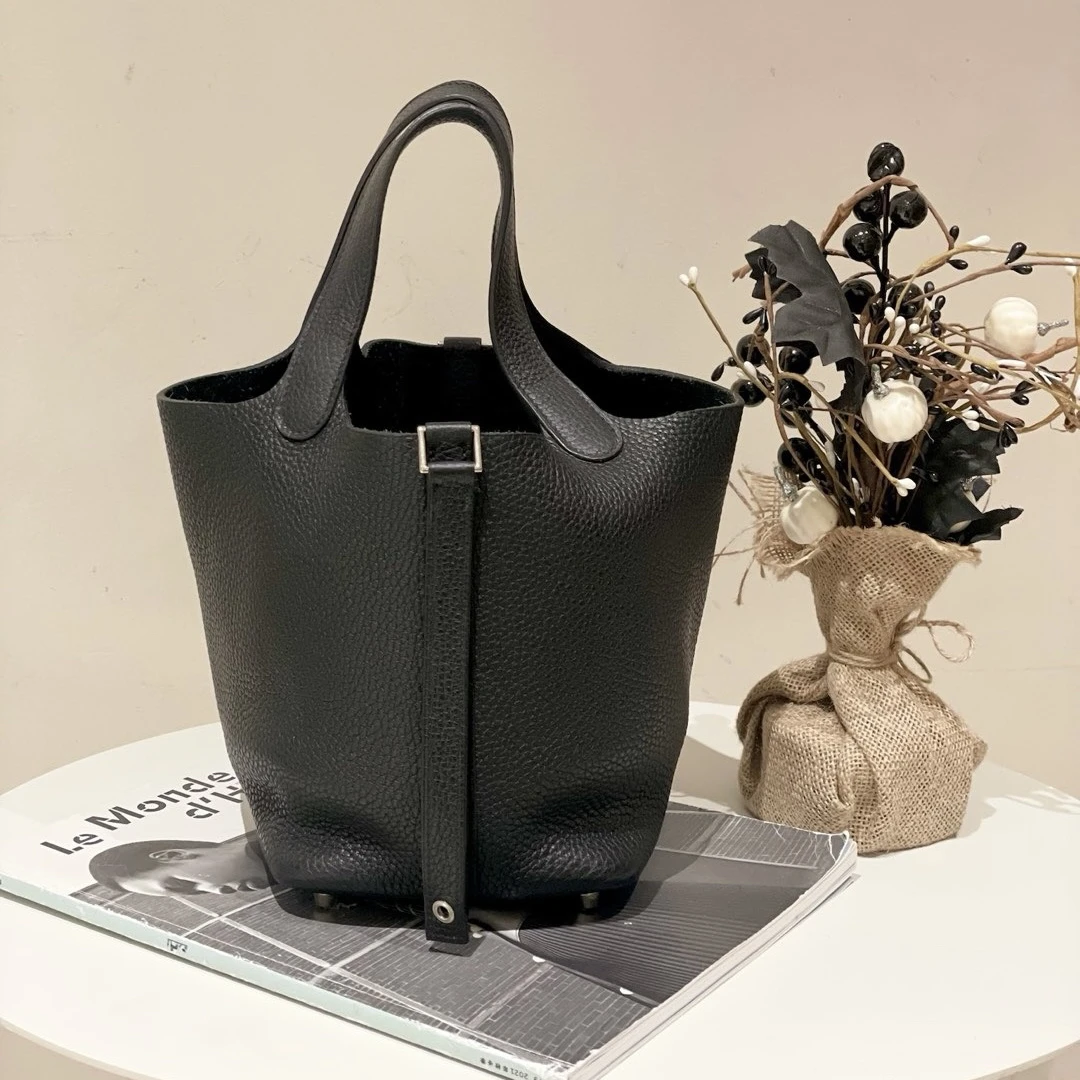 99新 Hermes/爱马仕 Picotin18黑银水桶TC皮T刻