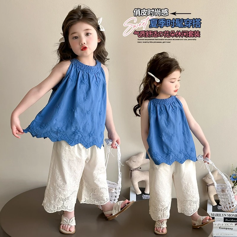 2025年新款女宝宝韩系镂空挂脖背心上衣套装女童洋气夏季度假衣服