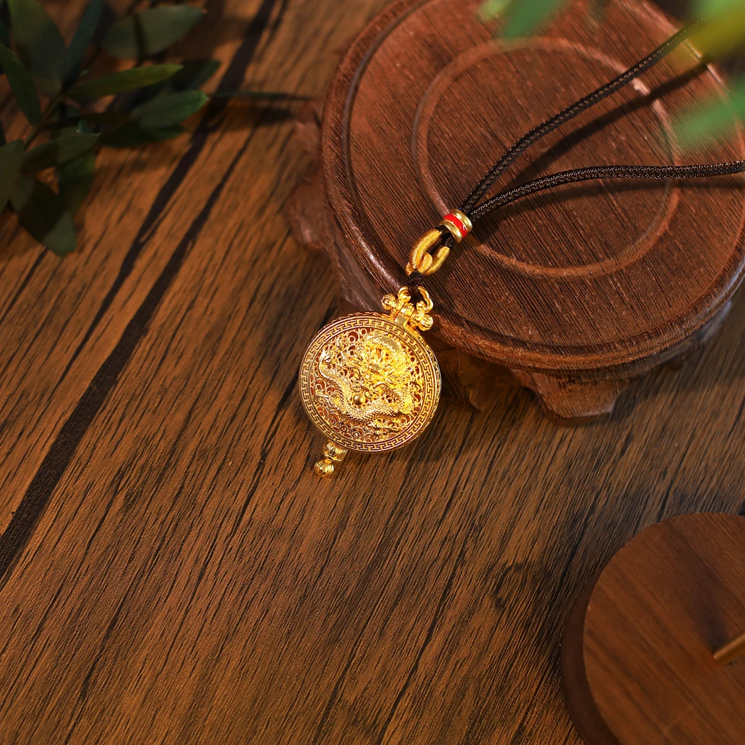 739/克古法金黄金珐琅彩手工錾刻龙噶乌盒足金吊坠挂坠