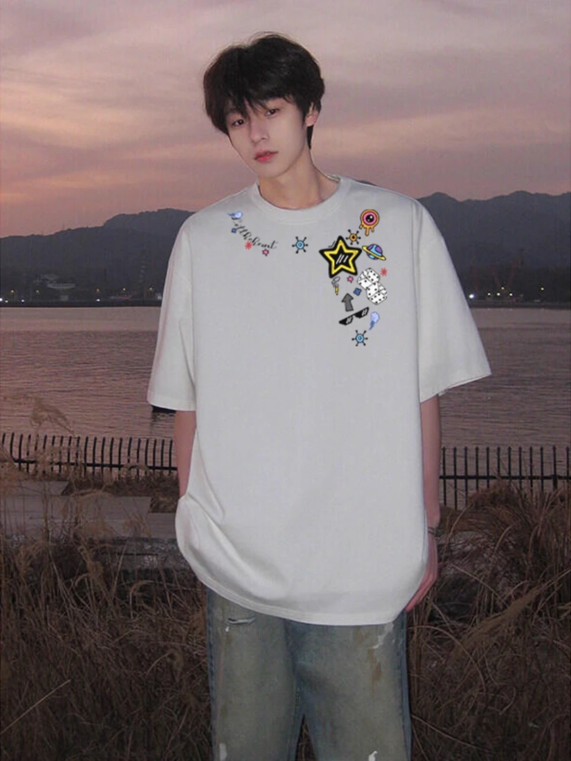 潮流纯棉短袖T恤男夏季重磅圆领百搭印花青少年宽松休闲半袖上衣