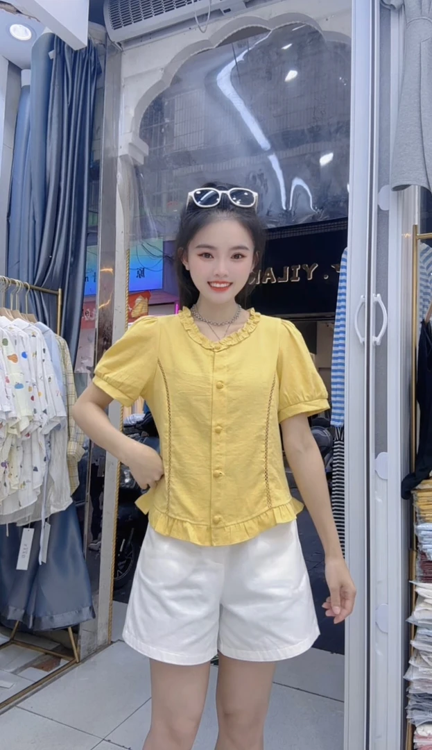 《盈盈家》夏季新款花边圆领短袖衬衫减龄洋气上衣