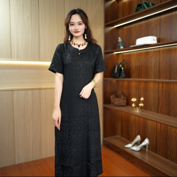 A-053 新款裙子时尚气质中长款连衣裙2025夏季百搭显瘦妈妈装