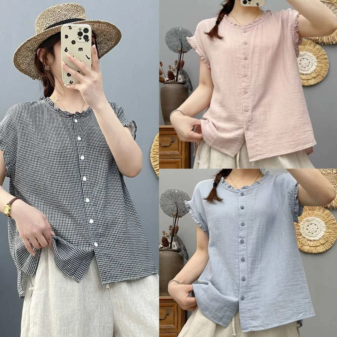 2025夏季新款棉纱花边领短袖衬衫休闲百搭上衣66137