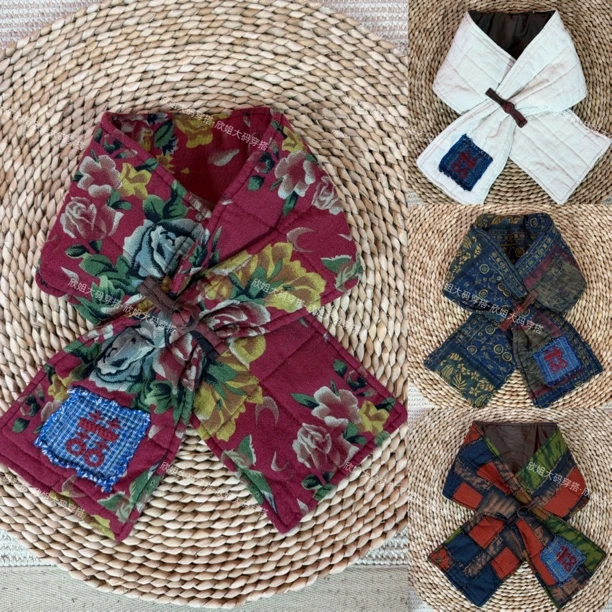 欣姐原创·盘扣围巾·冬款夹棉斜纹麻数码印花做旧贴布保暖围巾女