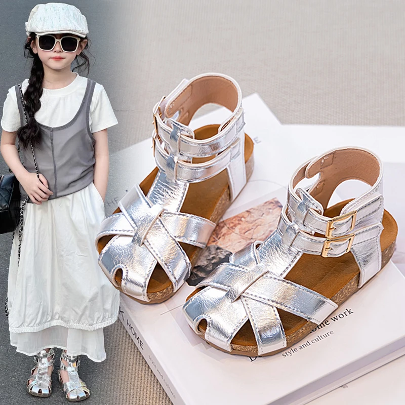 ABC女童罗马凉鞋韩版2025夏季新款高帮交叉女孩公主鞋软底沙滩鞋