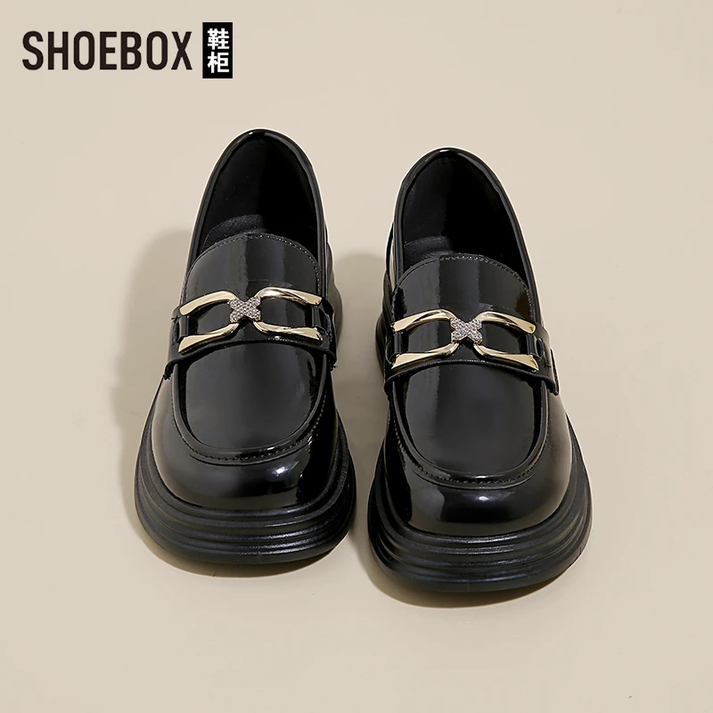 SHOEBOX鞋柜厚底乐福鞋女2025新款女鞋黑色增高皮鞋显瘦单鞋子