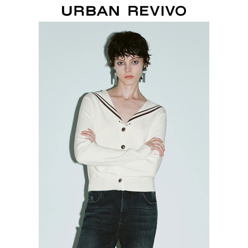 UR2026春季新款女装学院风海军领口袋针织开衫UYY950079+