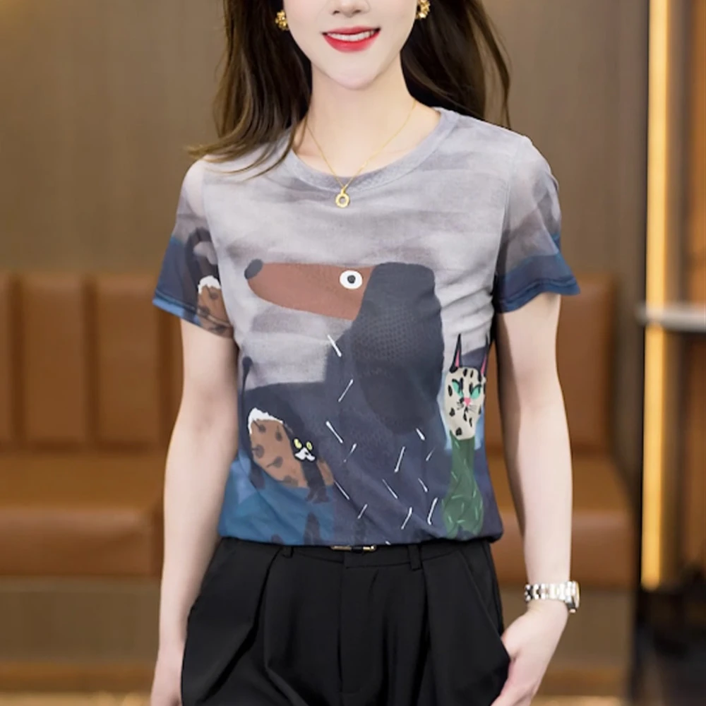 腊肠狗法式圆领涂鸦印花网纱短袖透气薄款T恤百搭打底女上衣1640
