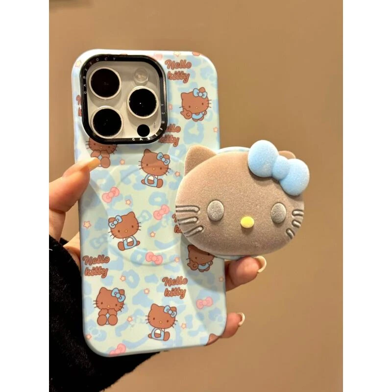 卡通蓝色豹纹比耶黑皮猫咪磁吸适用iphone16promax苹果15手机壳14